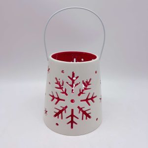 Ceramic Christmas Lantern Red Interior White Snowflake Design