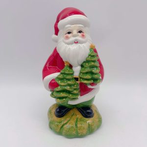 Ceramic Santa Holding Two Christmas Trees Ornament