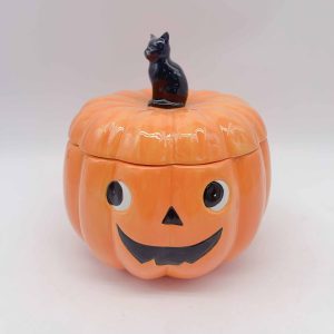 Ceramic Smiling Cat Halloween Pumpkin Jar