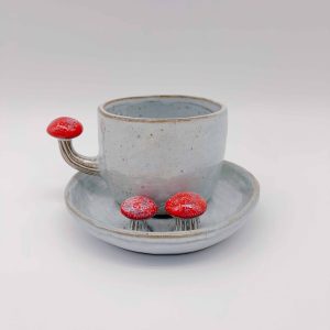 Large Gray Ceramic Mushroom Cup Saucer Set