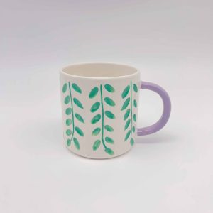 Large Green Leaf Ceramic Mug White