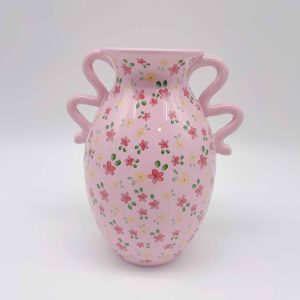 Large Vintage Pink Ceramic Vase with Double Handles