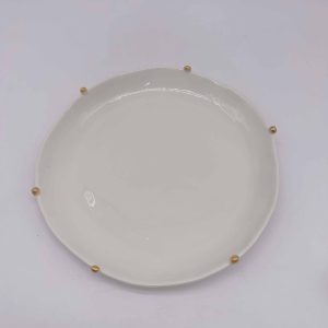 Large White Ceramic Plate with Faux Gold Beads