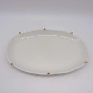 Large White Oval Ceramic Plate with Faux Gold Trim