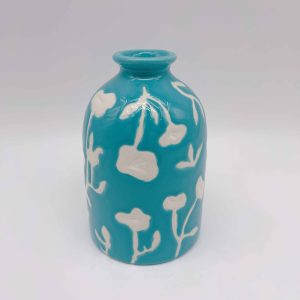 Medium White Floral Ceramic Blue Vase