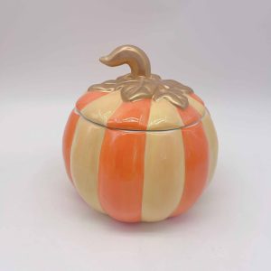 Orange Striped Ceramic Pumpkin Jar Halloween Decor