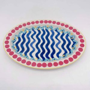 Oval Ceramic Plate Blue Water Ripple Design