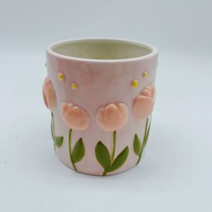Pink Tulip Ceramic Embossed Flower Pot