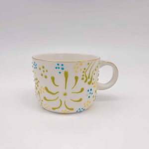 Small Green Embossed Ceramic Cup with Painted Design