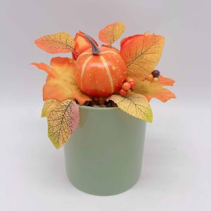 Small Green Round Ceramic Planter with Faux Plant