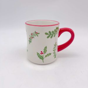 Small White Ceramic Christmas Mug with Leaf Decal