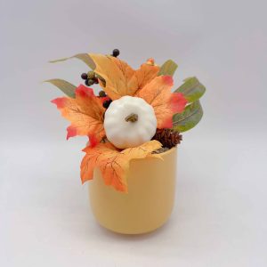 Small Yellow Round Ceramic Planter with Faux Plant