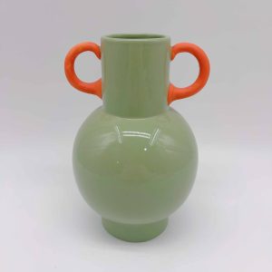 Vintage Green Ceramic Vase Orange Handles