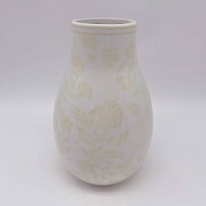 Yellow White Ceramic Vase with Floral Decal